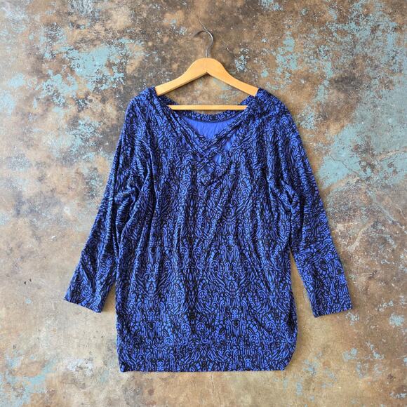 Soma Live Lounge Cross Back Top Size L Blue Black 3/4 Sleeve Jersey Knit Rayon - Picture 6 of 6